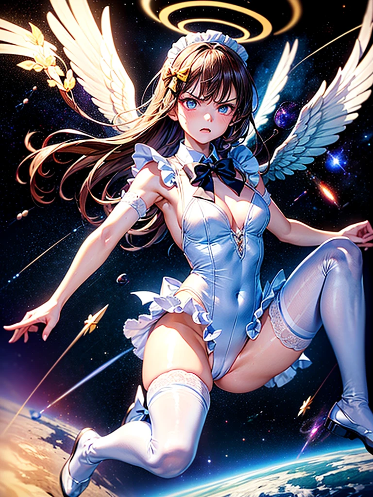 Highest quality,Highest Resolution,Beautiful girl with angry face in maid leotard,Frills,High leg,(((Floating in the air))),Halo,(((universe space))),Milky Way,meteor,Very beautiful eyes,(((White angel wings on the back))),whole body,long hair,(((Shoot a bow))),Knee-high stockings,Floating in the air,