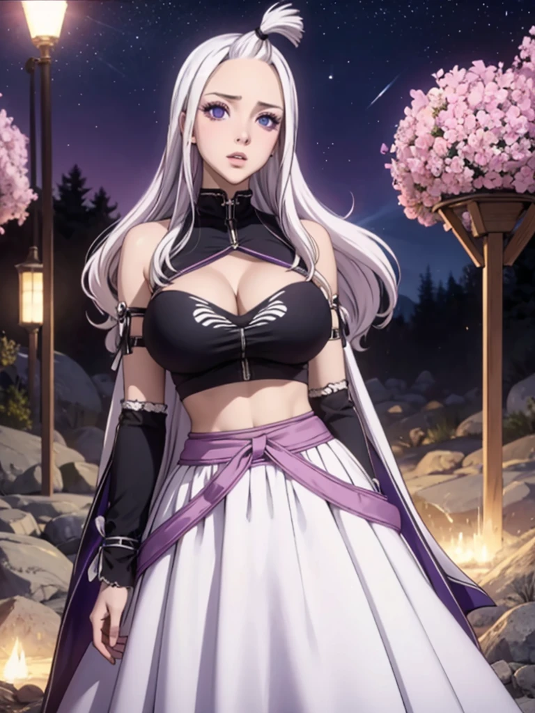 realistic, 1 girl, White hair, purple eyes, Brilliant eyes, crop top, skirt, parted lips, big breasts,blush, night, flowers, Sun, Sunlight,