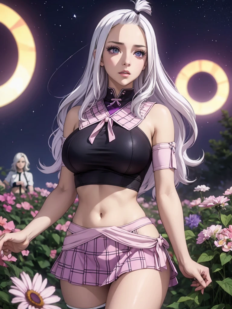 realistic, 1 girl, White hair, purple eyes, Brilliant eyes, crop top, skirt, parted lips, big breasts,blush, night, flowers, Sun, Sunlight,