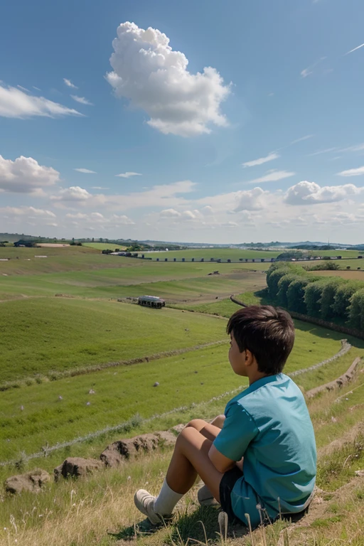 一片grassland上,Shepherd boy holding grass,Sitting on a hill,Looking at a train heading into the distance,There must be blue sky and white clouds,grassland,Flock,breeze