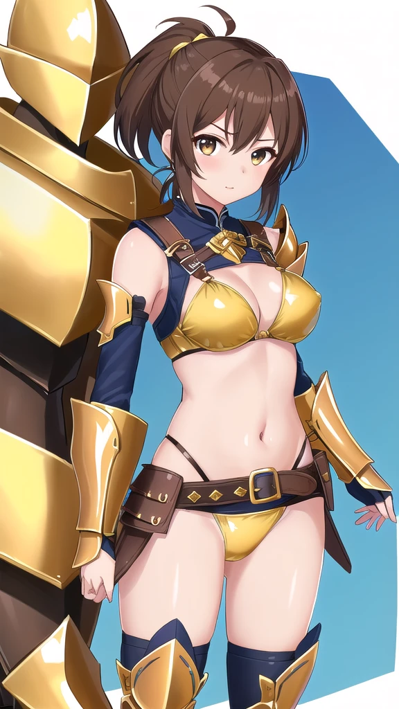 (1 Girl,Solo) , (Waist sheath:1.3), , Short Hair, Medium bust, Displaying the viewer, Bangs ,Hazel eye detail, (Brown hair,Short ponytail hair:1.5), ,Short Hair, Peeing while standing,Straight on, Couple, (Esbian all over:1.1), White thighs,(Couple:1.4),,Close-up portrait of a woman in gold armor, Girl in Armor, ビキニアーマーのfemale knight, Gold Bikini Armor,Gold Bikini Armor, Gorgeous Female Paladin, female knight, 美しいfemale knightの, Beautiful Armor, Slender、Gold Bikini Armor, Exposed abdomen, Glamorous Gold Bikini Armor, Stunning Armor, Vertical belly button、Skin radiance、Rough-skinned Esbian,Futomo,Silver Armored Boots,Art inspired by Masamune Shirow,