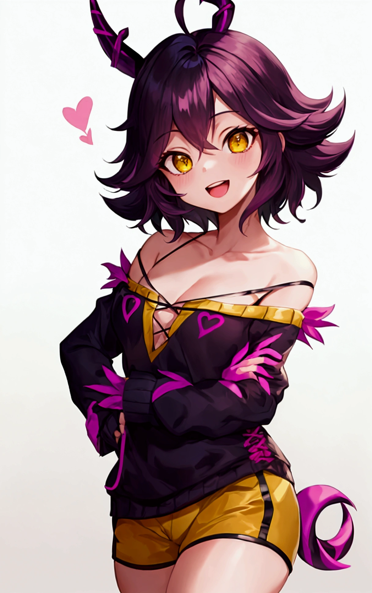 mina ashido, 1girl, solo, looking at viewer, smile, short hair, open mouth, simple background, long sleeves, white background, bare shoulders, collarbone, yellow eyes, pink hair, :d, heart, cowboy shot, horns, shorts, off shoulder, sweater, hand on hip, v, colored skin, black shorts, colored sclera, black sclera, off-shoulder sweater, pink skin, v over eye, purple sweater