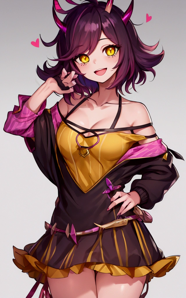 mina ashido, 1girl, solo, looking at viewer, smile, short hair, open mouth, simple background, long sleeves, white background, bare shoulders, collarbone, yellow eyes, pink hair, :d, heart, cowboy shot, horns, shorts, off shoulder, sweater, hand on hip, v, colored skin, black shorts, colored sclera, black sclera, off-shoulder sweater, pink skin, v over eye, purple sweater