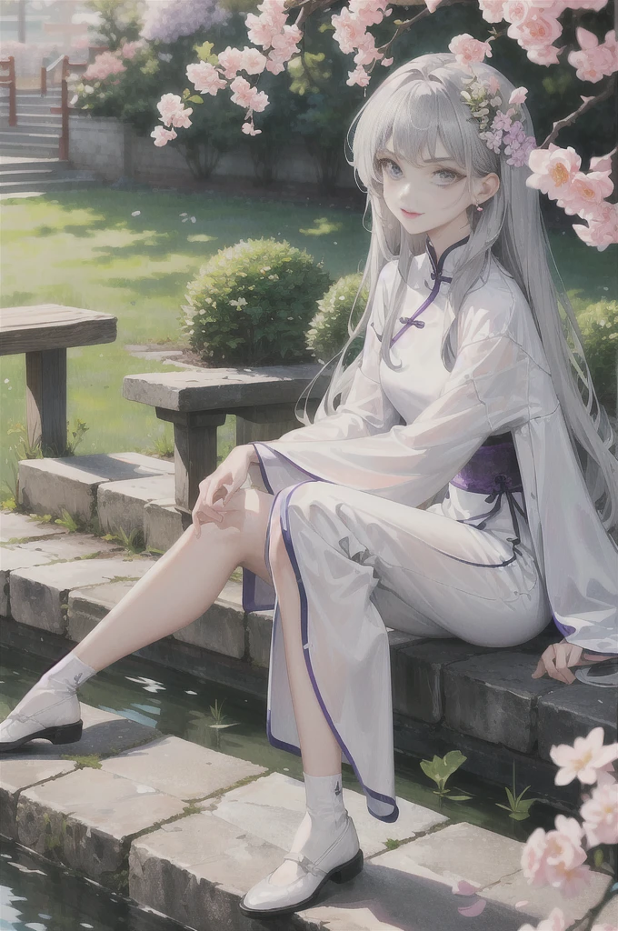 masterpiece, Excellent, daytime, outdoor, Falling Flowers, Branches, China人, China, 1 girl, Perfect Woman, Woman with long silver hair, Gray blue eyes, Light pink lips, Serious, ,Purple Eyes, White clothes, , Delicate face, Delicate face, Sitting Legs, Smile