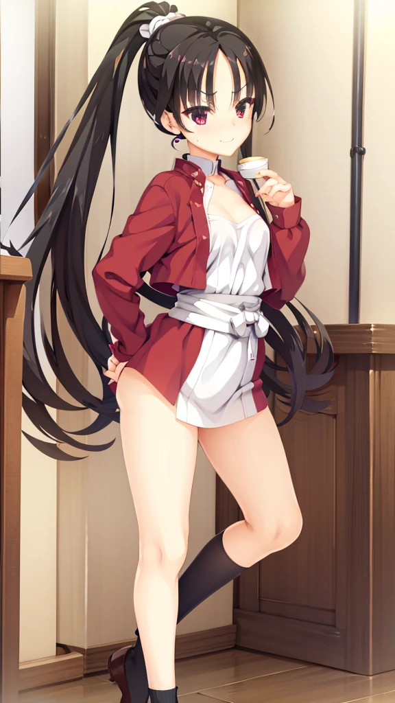 A beautiful girl, small face, a black white socks, seductive, ((forehead to show)), attractive, flat eyebrows, red coat, black hair, delicate, young, long hair, detailed face, high definition, full body, ninja, cute embarrassed smile, cafe, hands behind back, ponytail