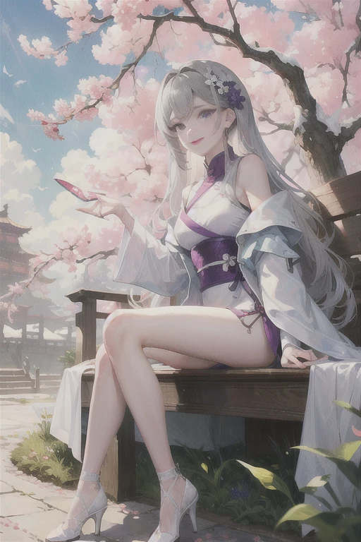 masterpiece, Excellent, daytime, outdoor, Falling Flowers, Branches, China人, China, 1 girl, Perfect Woman, Woman with long silver hair, Gray blue eyes, Light pink lips, Serious, ,Purple Eyes, White clothes, , Delicate face, Delicate face, Sitting Legs, Smile