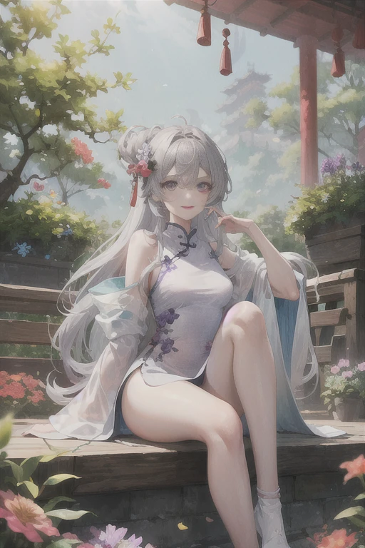 masterpiece, Excellent, daytime, outdoor, Falling Flowers, Branches, China人, China, 1 girl, Perfect Woman, Woman with long silver hair, Gray blue eyes, Light pink lips, Serious, ,Purple Eyes, White clothes, , Delicate face, Delicate face, Sitting Legs, Smile
