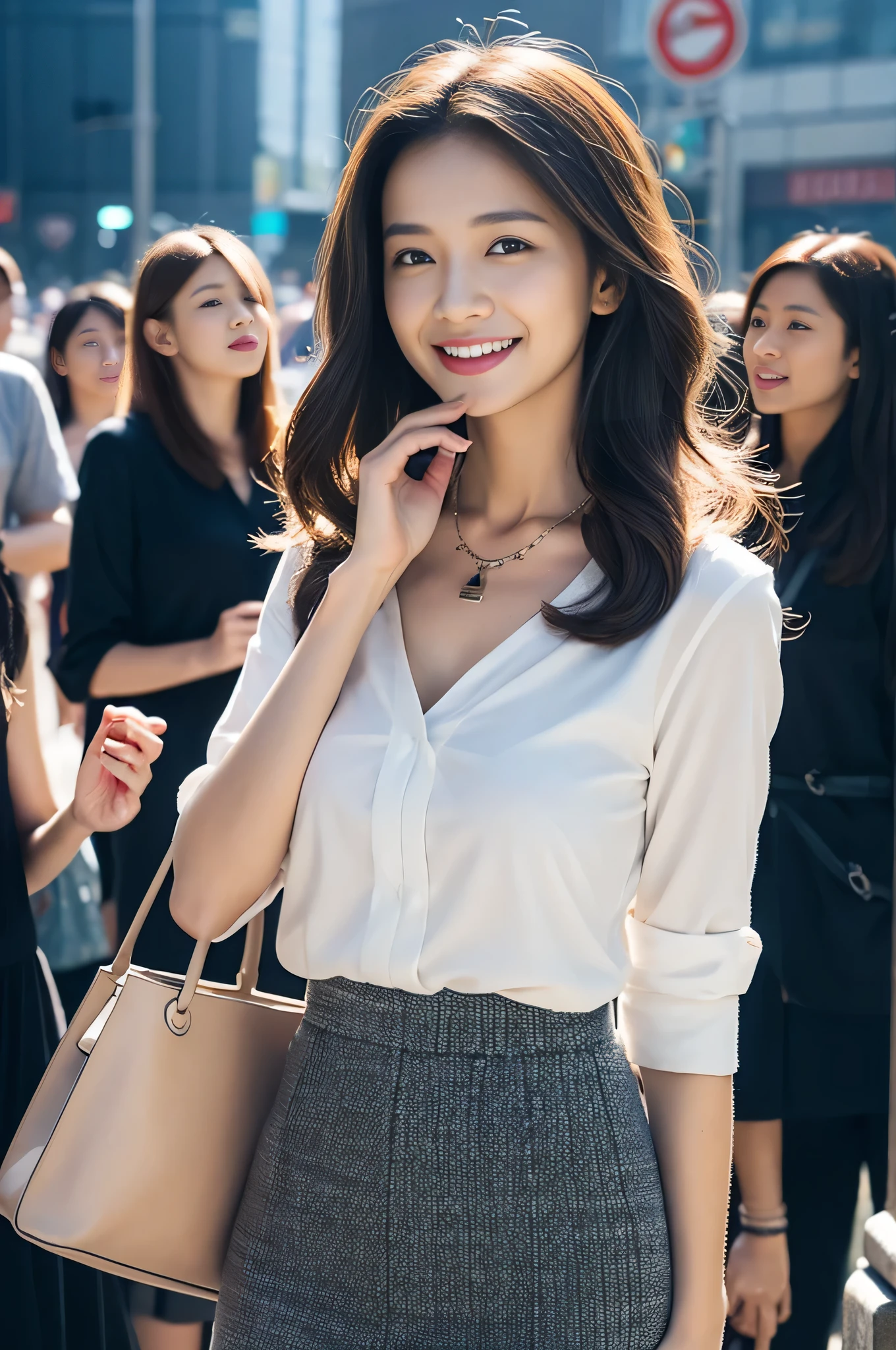 Smile,absurd,Please shut your mouth,Balanced Eyes,(Top Quality Details:1.2),Practical,8K HD,Very detailed,High quality textures,Intricate details,Detailed texture,Finely,High Detail,Highly detailed CG,(Short skirt,black,Long legs,Huge breasts,White long hair)City crossroads,Necklace,Looking at the audience,stand up,(1 face.2)。