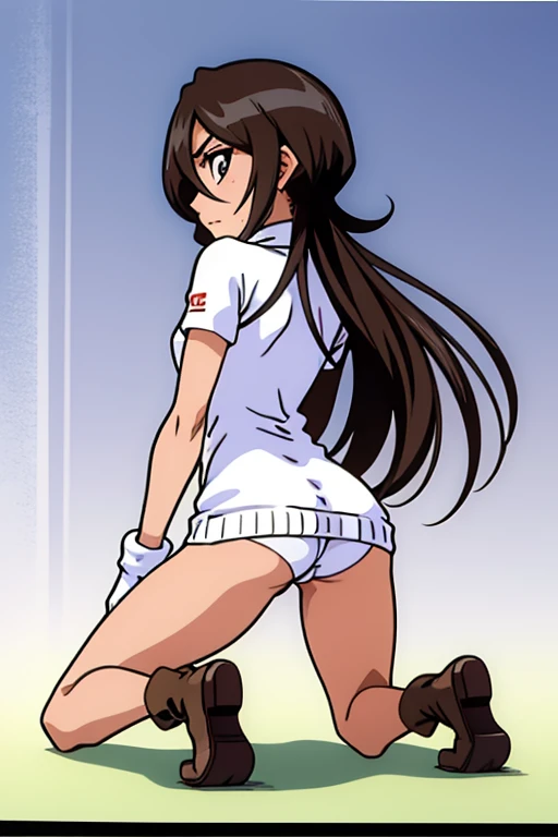 tennis girl's massive bent over rear butt cheeks from behind out of bottomless slutty mini sweater out bare and brown boots, kneeling, wearing oven mittens behind head, blindfold
