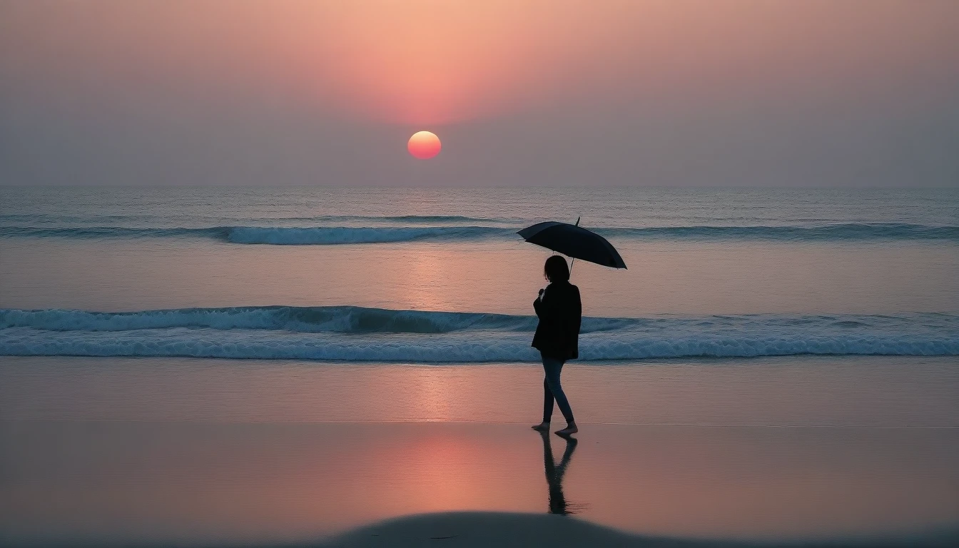 8K, Vivid picture quality, desolate long beach, Two people on the beach from afar, short hair woman, red light of sunset, alone, afternoon, depressed, tide가 밀려온다, ocean, tide, black umbrella , wind, short korean woman, 잔잔한 tide, black umbrella, Perfect photos with vivid image quality, wearing a casual jacket and jeans