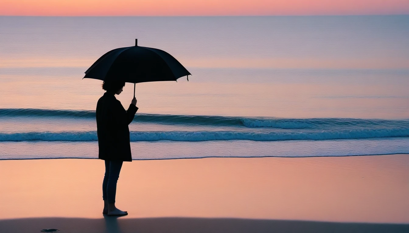 8K, Vivid picture quality, desolate long beach, Two people on the beach from afar, short hair woman, red light of sunset, alone, afternoon, depressed, tide가 밀려온다, ocean, tide, black umbrella , wind, short korean woman, 잔잔한 tide, black umbrella, Perfect photos with vivid image quality, wearing a casual jacket and jeans