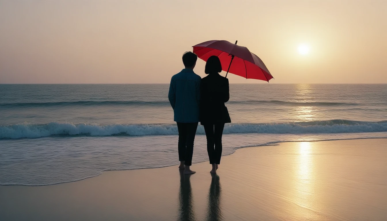 8K, Vivid picture quality, desolate long beach, Two people on the beach from afar, short hair woman, red light of sunset, alone, afternoon, depressed, tide가 밀려온다, ocean, tide, black umbrella , wind, short korean woman, 잔잔한 tide, black umbrella, Perfect photos with vivid image quality, wearing a casual jacket and jeans