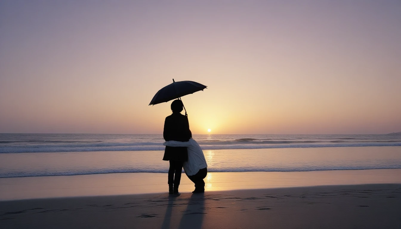 8K, Vivid picture quality, desolate long beach, Two people on the beach from afar, short hair woman, red light of sunset, alone, afternoon, depressed, tide가 밀려온다, ocean, tide, black umbrella , wind, short korean woman, 잔잔한 tide, black umbrella, Perfect photos with vivid image quality, wearing a casual jacket and jeans