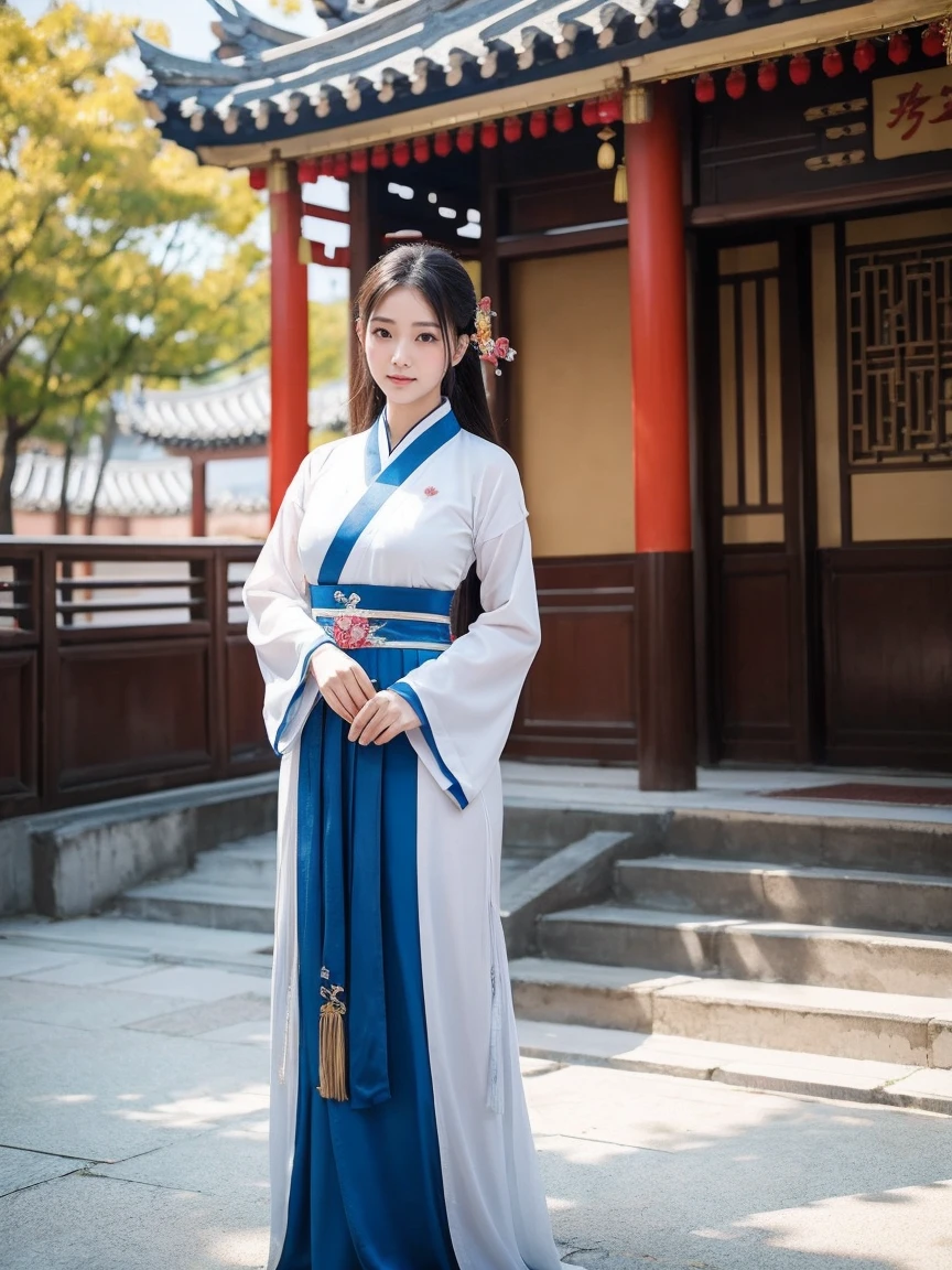 a beauty girl ,wear gorgeous hanfu, Chinese style buildings, landscape