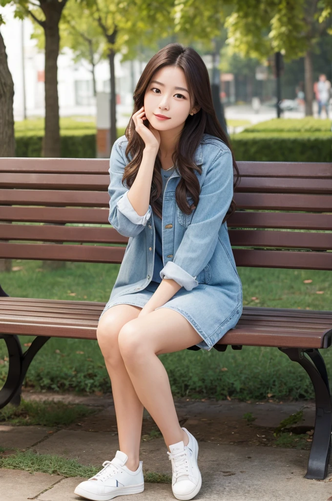 Highest quality,One Woman,Sitting on a bench,True Face,Date