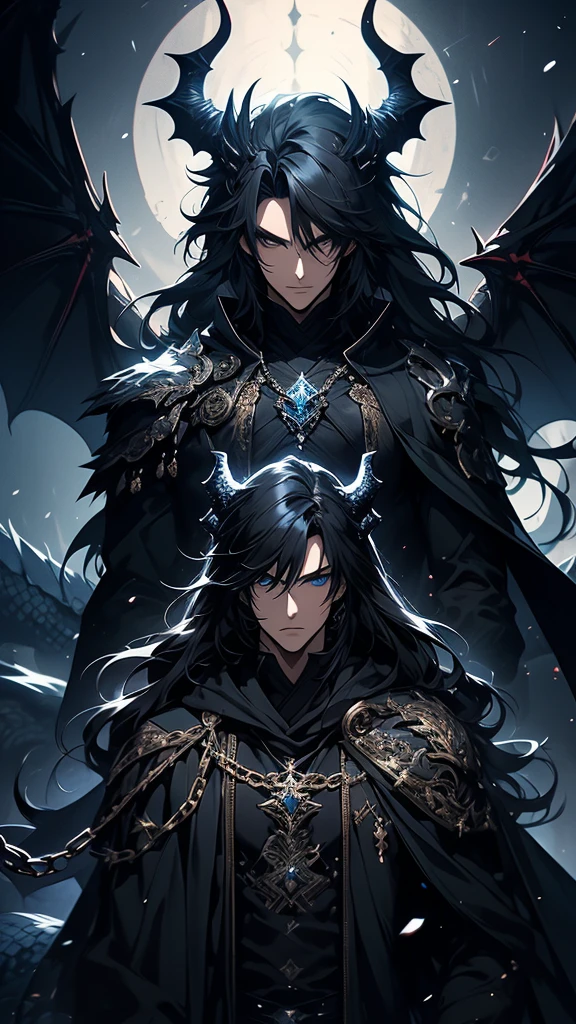 upper body, 1boy, handsome, black hair, long Haired, Blue eyes, (Darkness Frost Dragon), Black Long hoodie Cape, tunic, wallpaper, throne background, chain particles, (masterpiece), best quality, Black Half-mask, side-swept bangs, Top Quality, black large wing, Large Dragon wings, Black horns.