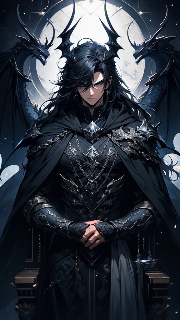 upper body, 1boy, handsome, black hair, long Haired, Blue eyes, (Darkness Frost Dragon), Black Long hoodie Cape, tunic, wallpaper, throne background, chain particles, (masterpiece), best quality, Black Half-mask, side-swept bangs, Top Quality, black large wing, Large Dragon wings, Black horns.