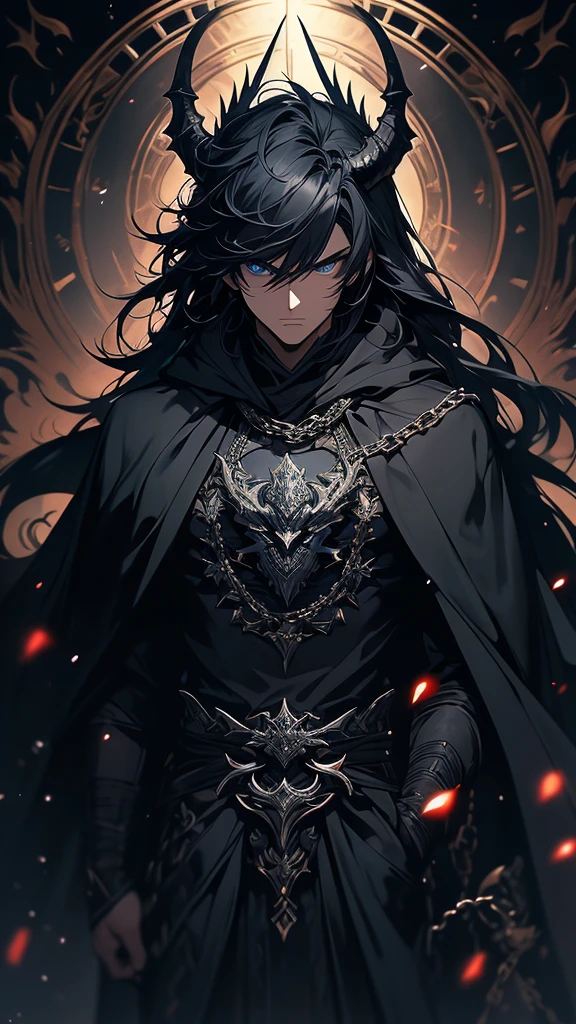 upper body, 1boy, handsome, black hair, long Haired, Blue eyes, (Darkness Frost Dragon), Black Long hoodie Cape, tunic, wallpaper, throne background, chain particles, (masterpiece), best quality, Black Half-mask, side-swept bangs, Top Quality, black large wing, Large Dragon wings, Black horns.
