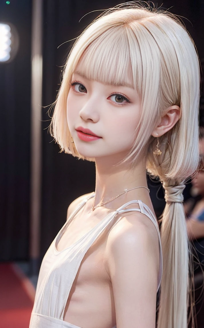((masterpiece:1.2、Highest quality、Tmasterpiece))、1 female、alone、classroom、Day、(Korean Actress:1.2)、(Are standing:1.4)、blonde、(Hime Hair:1.4)、Wavy Hair,Beautiful legs、((Halter neck dress:1.4))、(Beautiful white skin:1.4)、(Small breasts:1.5)、Hoop Earrings、lipstick、Ring Choker、blush、smile、Covered breasts、(Thick lips:1.2)、Detailed body、Very detailed絵画, Luminism、4K resolution、3D Rendering、Exquisitely crafted , Cinematic、Realistic、Hit definition、Abstract Beauty、Approaching perfection, Pure Form, Golden Ratio、Very detailed, Digital photography, Soft natural light, 50mm lens, F1.8 Vacancies、blush、Small face、(Tight waist:1.3),(albino:1.5),(anorexia:1.3),(Sickly:1.2),(Face close-up:1.4),(Short Bob:1.2),(Red carpet:1.3),(Film festival:1.5)、smile