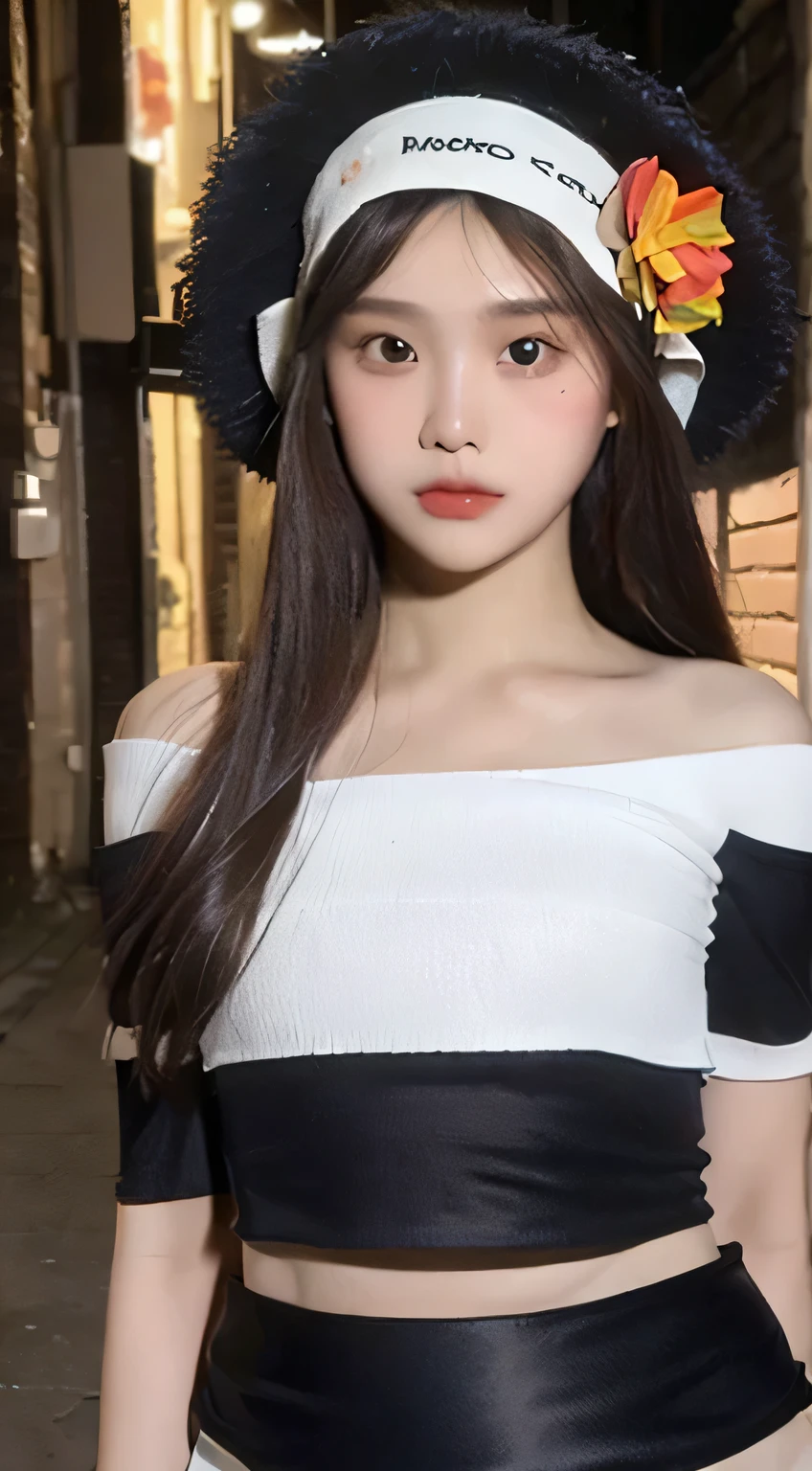 ((best quality, 8K, masterpiece: 1.3)), (Flower Hat: 1.3), Key Points: 1.2, Perfect body beauty: 1.4, Hips: 1.2, (Layered Hairstyle: 1.2)), (Dark Street: 1.3), Highly detailed face and skin textures, whole body, Exquisite eyes, Double eyelids, Skin Whitening, Long hair, (Round Face: 1.5), (Loose cropped top, shorts: 1.6)