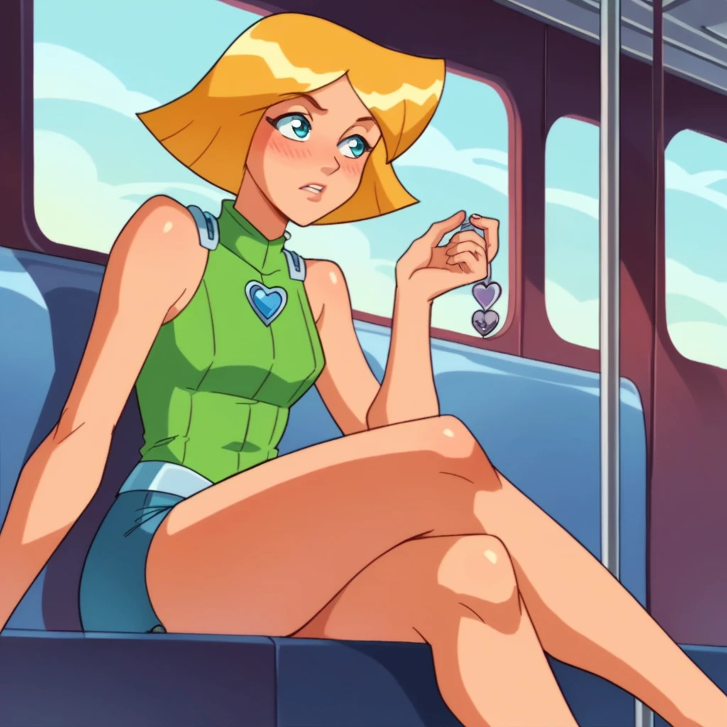 Clover, totally spies, blonde, short hair, blue eyes, bare shoulders, blushing, dick flash, penis, foreskin, inside a train, sitting, crossed legs