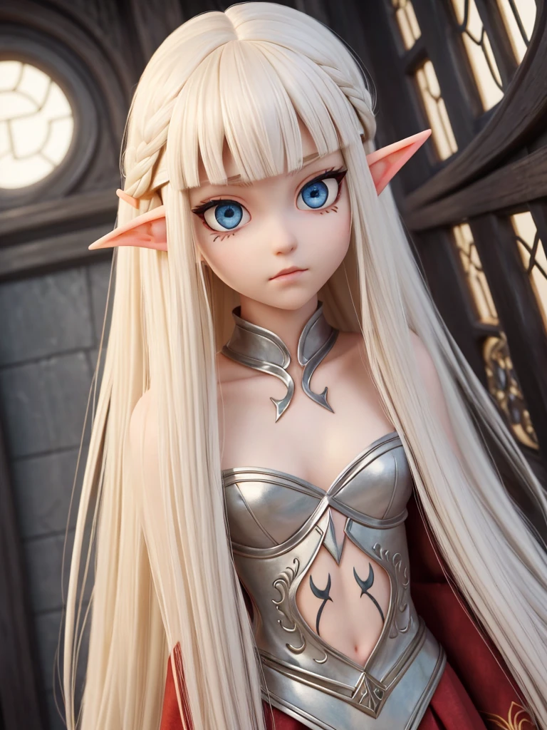 (best quality), 1girl, Female, pale skin, platinum blonde hair, very long hair, parted bangs, hazel eyes, big eyes, perfect eyes, elf, fantasy outfit, (fully clothed), red face tattoos, slender, small bust, fantasy universe, cute, pure, masterpiece, anatomically correct, highres