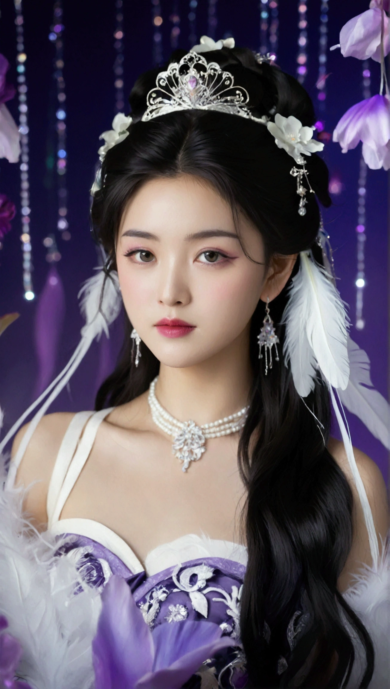 Masterpiece,Dazzling multicolored light,ultra detailed,A girl.,In the flowers,a princess,Earrings,White feather tulle,Long white eyelashes,Extra-long hair is slightly curly,White hair,(Hair takes up the entire frame),a charming face,Glowing lips,clavicle,Shoulder exposure,Floating petals,Dreamy and beautiful,The characters are thick and painted.,Fine strokes,Wallpaper,The background is graded with white and purple,anime aesthetic,Poolcoreanime beauty,Hyperrealism,sparkle,textured skin,super detail,best quality,8k, ,