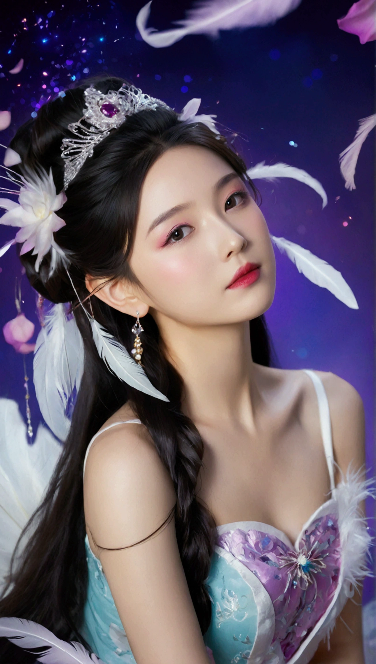 Masterpiece,Dazzling multicolored light,ultra detailed,A girl.,In the flowers,a princess,Earrings,White feather tulle,Long white eyelashes,Extra-long hair is slightly curly,White hair,(Hair takes up the entire frame),a charming face,Glowing lips,clavicle,Shoulder exposure,Floating petals,Dreamy and beautiful,The characters are thick and painted.,Fine strokes,Wallpaper,The background is graded with white and purple,anime aesthetic,Poolcoreanime beauty,Hyperrealism,sparkle,textured skin,super detail,best quality,8k, ,