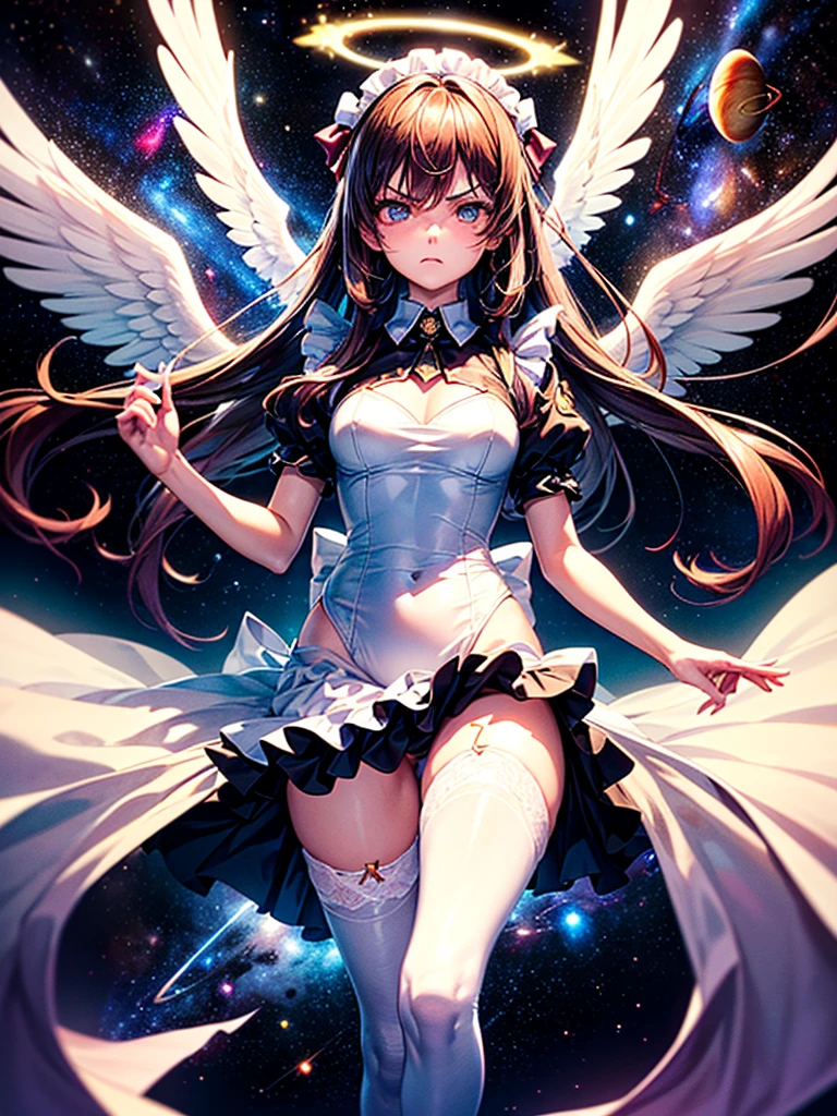 Highest quality,Highest Resolution,Beautiful girl with angry face in maid leotard,Frills,High leg,(((Floating in the air))),Halo,(((universe space))),Milky Way,meteor,Very beautiful eyes,(((White angel wings on the back))),whole body,long hair,(((Shoot a bow))),Knee-high stockings,Floating in the air,