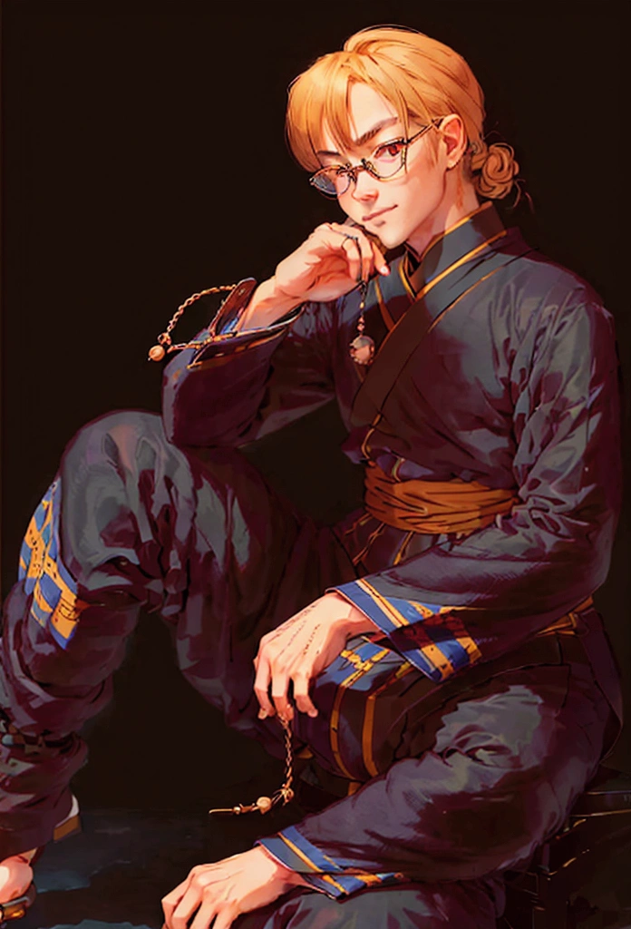 ((best qualityer)), ((work of art)), (detailded) kor: 38 years old Appearance: man hair: gris, long and tied into a traditional bun, with some loose threads. muka: slightly wrinkled, with an arrogant expression. eyeballs: brown, with an obvious scar on the right eye. tenue: Japanese traditional kimono, dark blue with gold details. Accessories: Wear a pair of round glasses. stance: sitting down, haughty, smiling in greed.