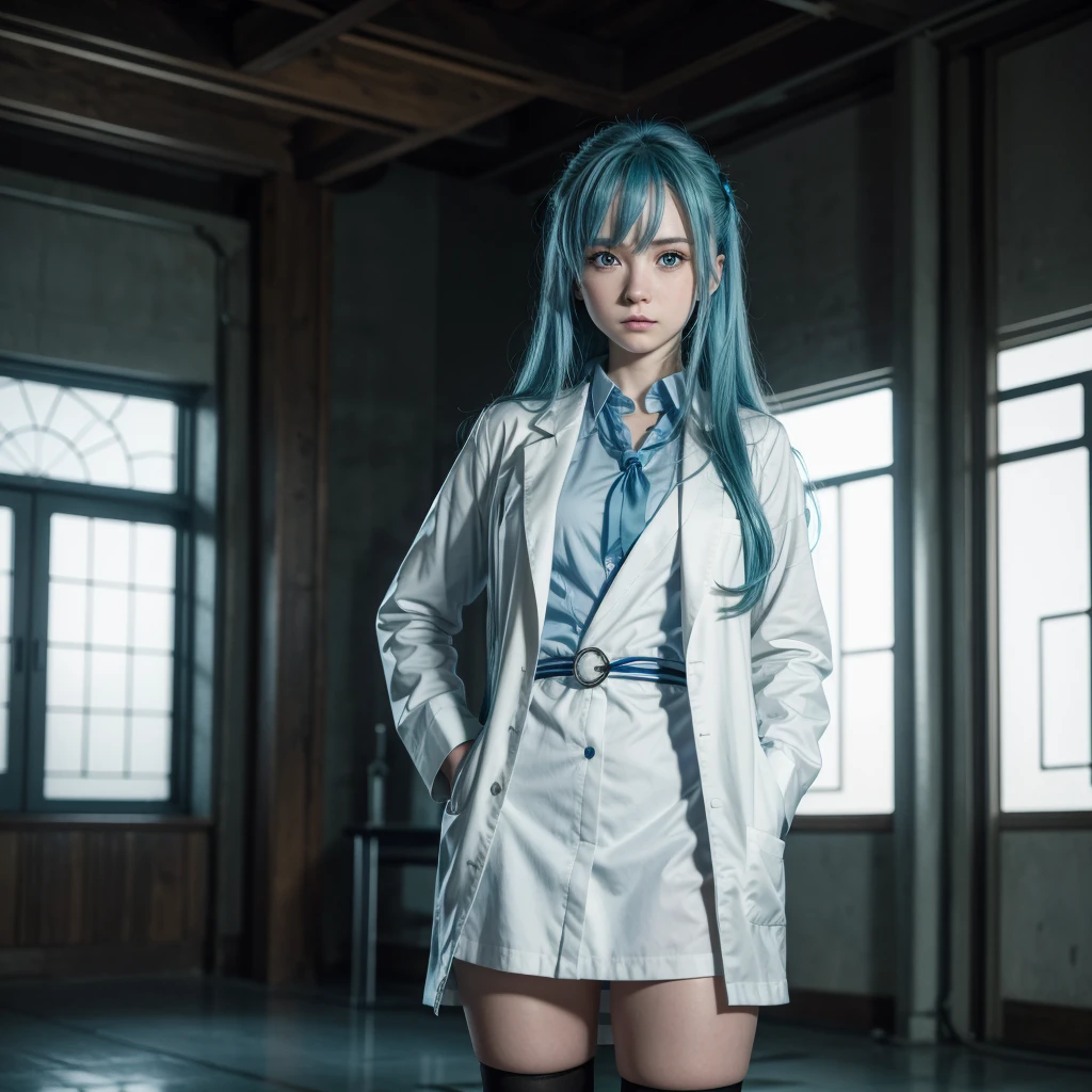 masterpiece, best quality, high quality, highres, 1girl, solo, aqua (konosuba), blue hair, long hair, blue eyes, white shirt ,long labcoat, black office skirt, thighhighs, full body, standing, hands in pockets, bored, depth of field, laboratory,