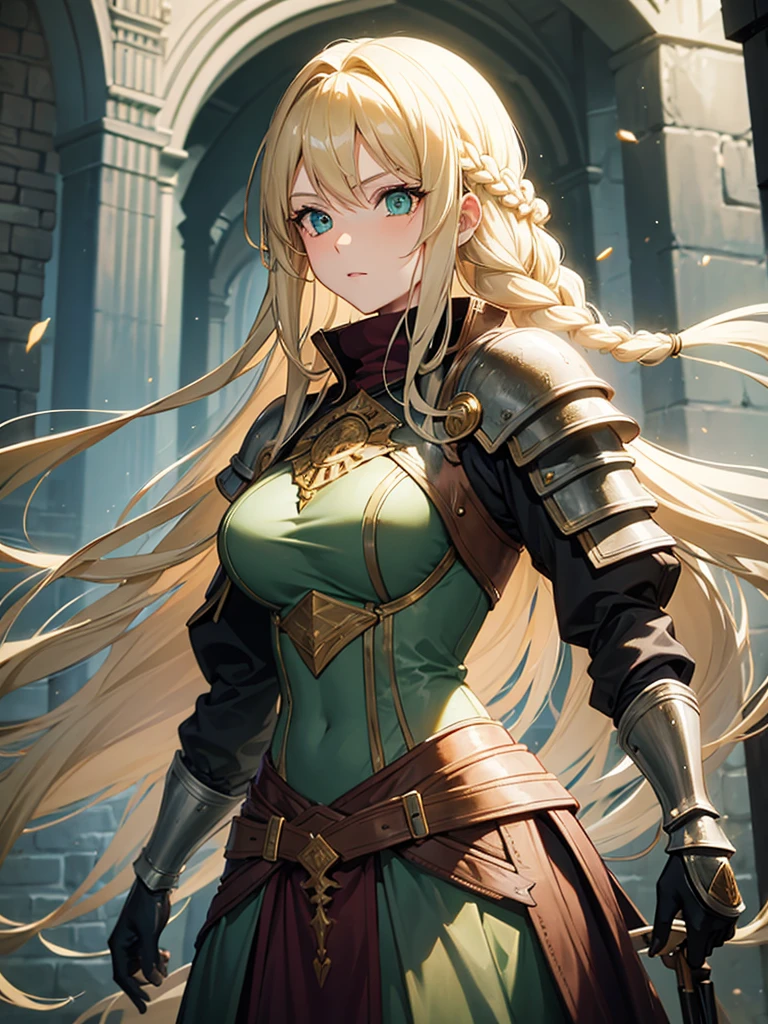 A woman with long blonde hair they would have braided, she would have dark souls style knight armor. Green eyes.