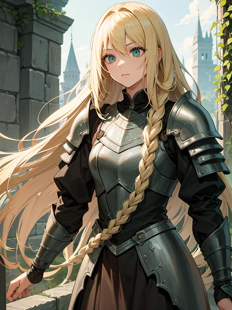 A woman with long blonde hair they would have braided, she would have dark souls style knight armor. Green eyes.