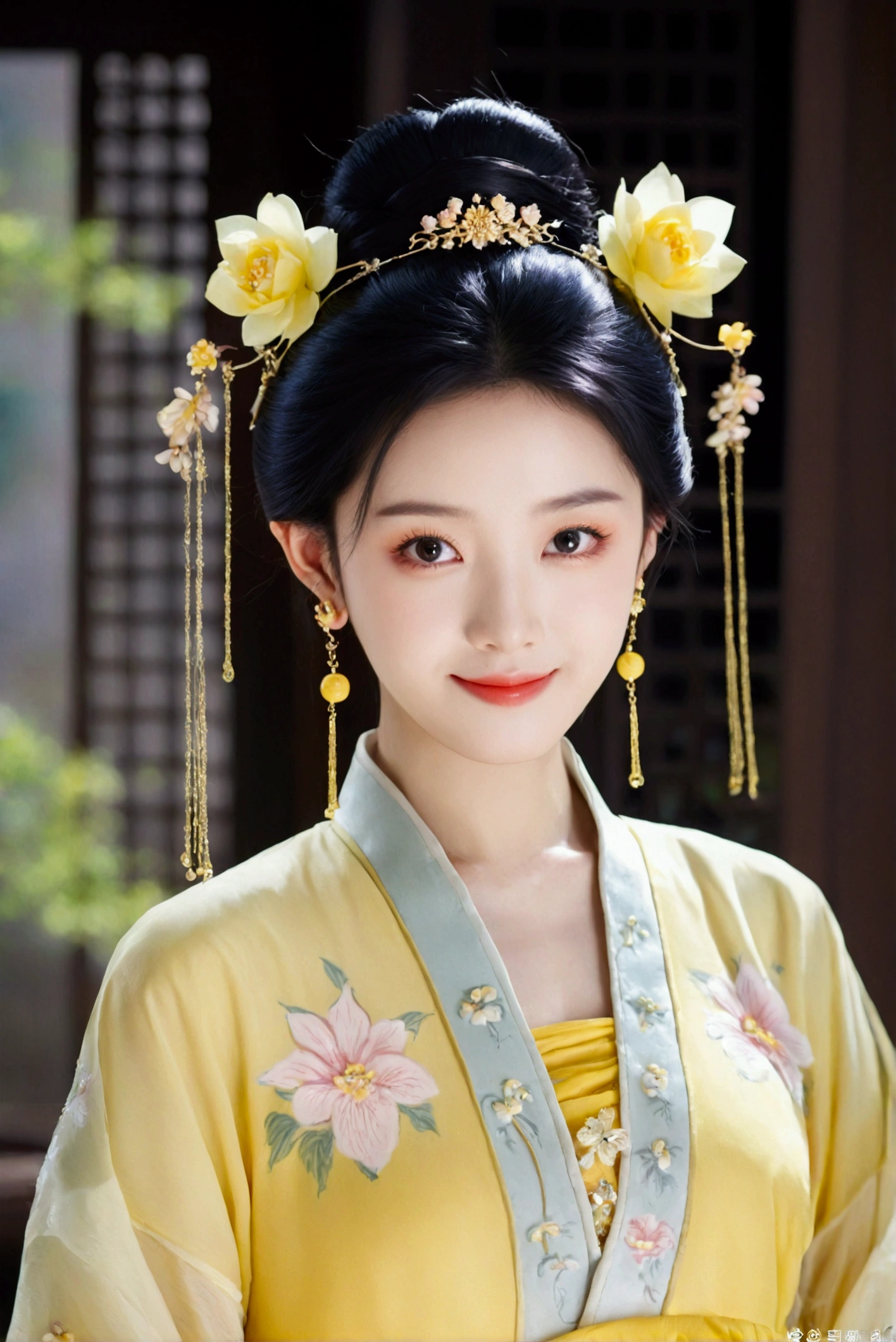 1girl, solo, looking at viewer, smile, black hair, hair ornament, dress, jewelry, upper body, flower, earrings, hair flower, hair bun, black eyes, chinese clothes, realistic, yellow dress