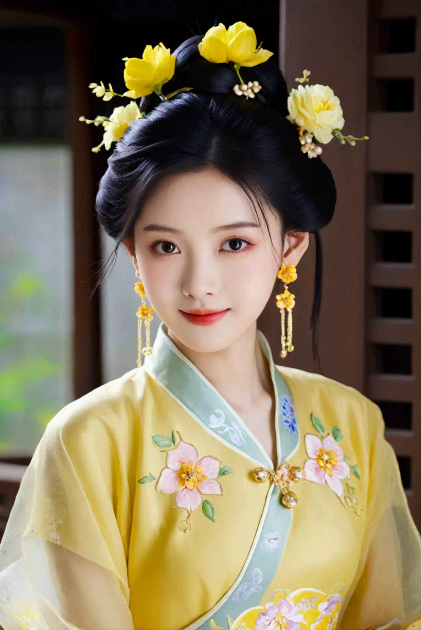 1girl, solo, looking at viewer, smile, black hair, hair ornament, dress, jewelry, upper body, flower, earrings, hair flower, hair bun, black eyes, chinese clothes, realistic, yellow dress