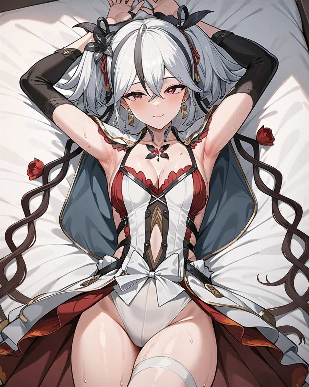 masterpiece,best quality,cowboy shot,
chun2,chun,1girl,solo,red eyes,whitehair,twintails,hair between eyes,earrings,bangs,hair ornament,flower,mole,jewelry,shoulder armor,ribbon, cleavage, laying down on a bed, arms raised showing armpit, sweaty, bare thighs, seductive smile, wearing bunny suit, stockings
