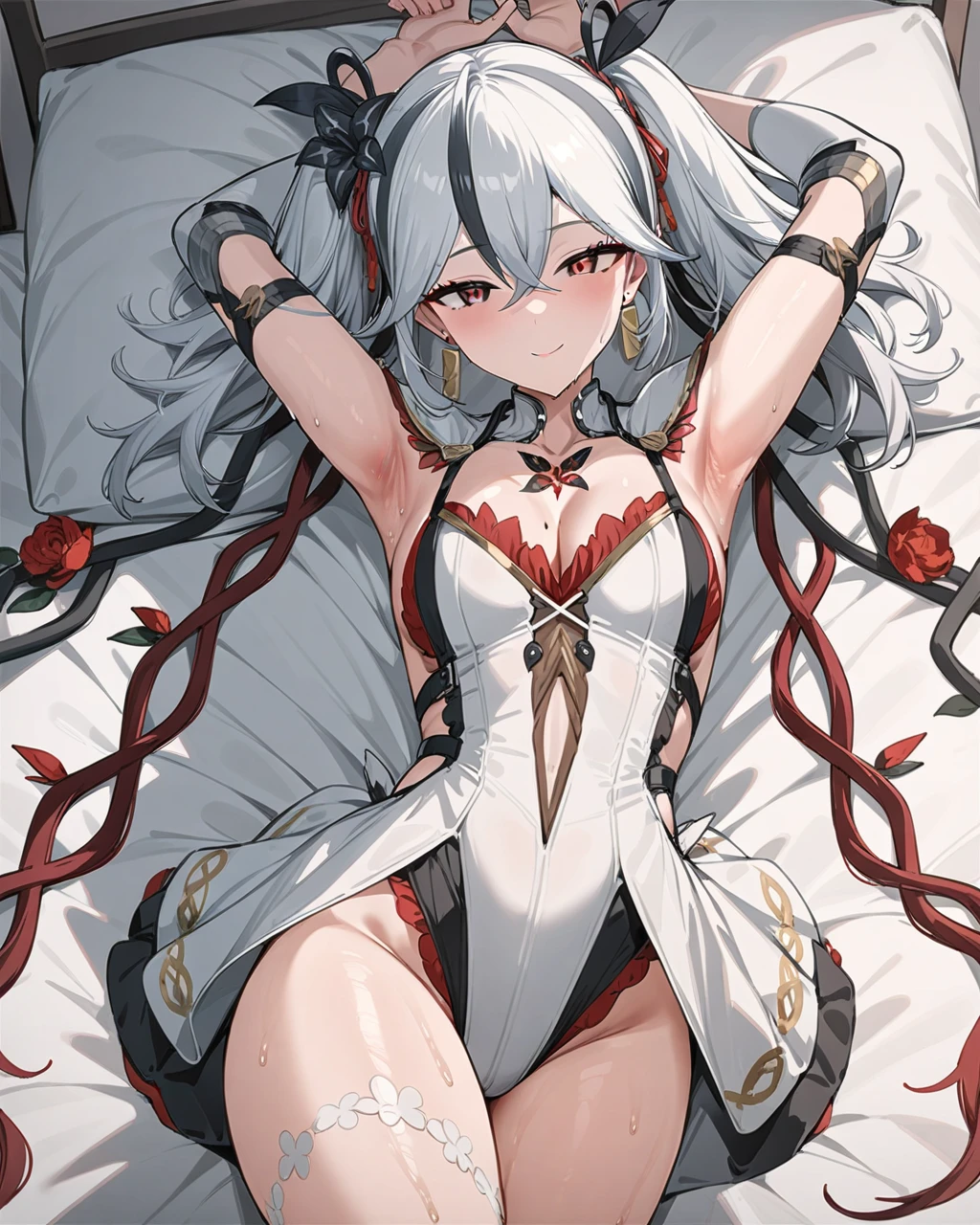 masterpiece,best quality,cowboy shot,
chun2,chun,1girl,solo,red eyes,whitehair,twintails,hair between eyes,earrings,bangs,hair ornament,flower,mole,jewelry,shoulder armor,ribbon, cleavage, laying down on a bed, arms raised showing armpit, sweaty, bare thighs, seductive smile, wearing bunny suit, stockings