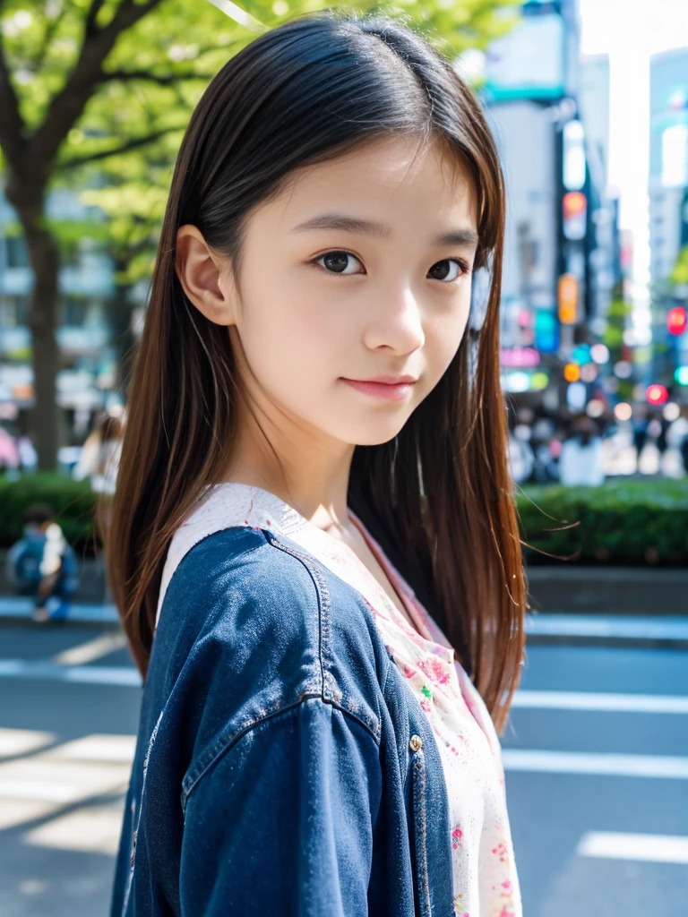 Photoreal, 8K full-length portrait, Beautiful woman, attractive look, Clear system, 14 years old, Tokyo, In 2024, spring, Shibuya in the background