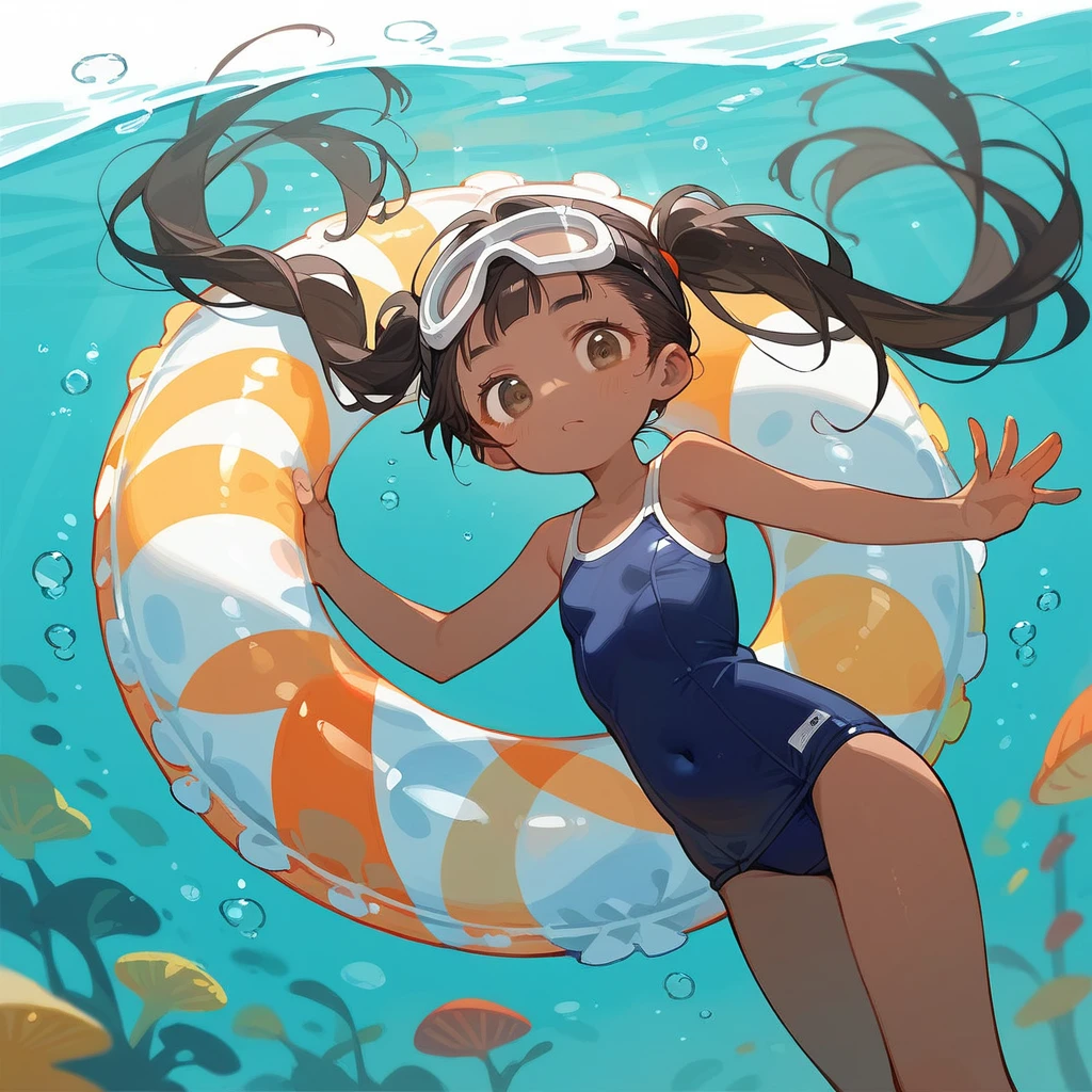 score_9_up, score_8_up, score_7_up, score_6_up, source_anime，2D, flat colors, Transparent swim tube black hair, pigtails, navy blue school swimsuit, brown skin, 、sandy beach 、black underwater goggles