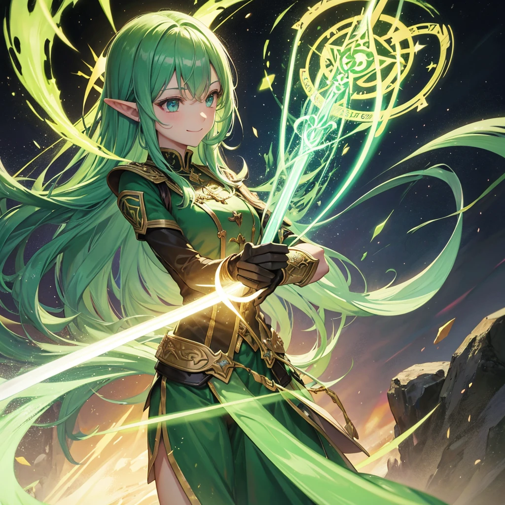 Elven Swordsman(Green semi-long、uniform),Holding a magic sword、tropical(Tavern Rainbow light swirling magic circle)、smile、Hellgate、背景にmagic circle、Dragon