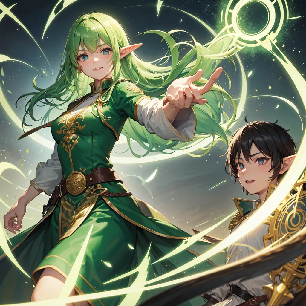 Elven Swordsman（Green semi-long、uniform）,Holding a magic sword、tropical（Tavern　Rainbow light swirling　magic circle）、smile、Hellgate、背景にmagic circle、Dragon