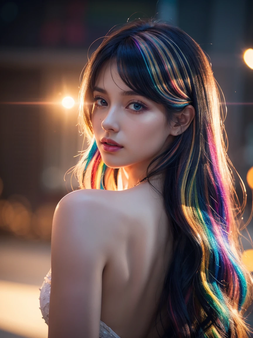 {{masterpiece}}, best quality, extremely detailed CG unity 8k wallpaper, cinematic lighting, lens flare, beautiful detail eyes, black, side glance, multicolor hair, colorful light, particles, heterochromia, (colorful:1.5), (colorful hair:1.5),