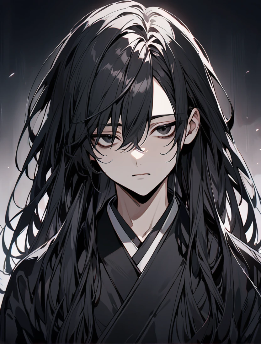 (black_hair), (long_hair), (deep_black_eyes), (high_detailed_eyes), (attractive), (emotionless), (male), (wearing _a_Unique_kimono), (detailed_Hair), (detailed), (detailed_mouth), (Teenager), (dark_under_eyes)