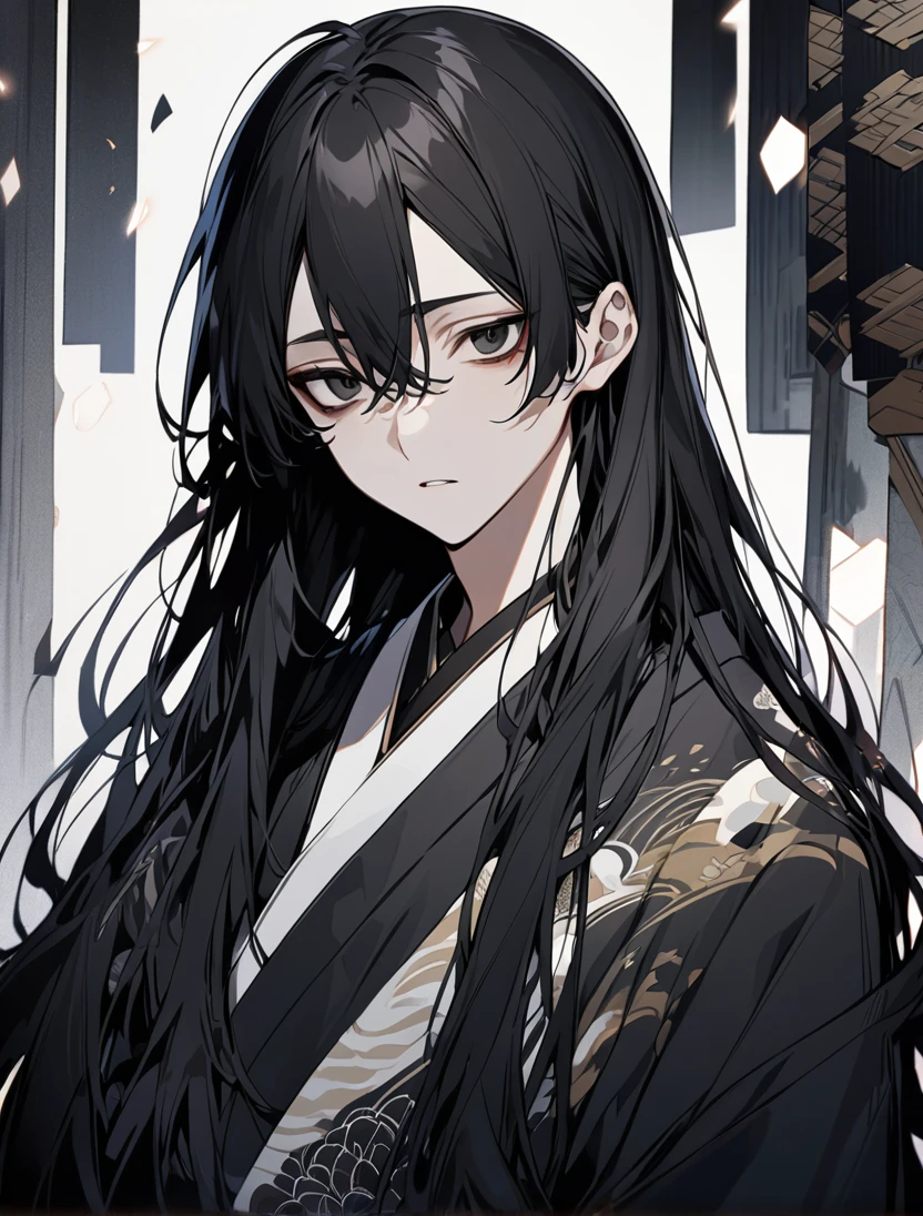 (black_hair), (long_hair), (deep_black_eyes), (high_detailed_eyes), (attractive), (emotionless), (male), (wearing _a_Unique_kimono), (detailed_Hair), (detailed), (detailed_mouth), (r), (dark_under_eyes)