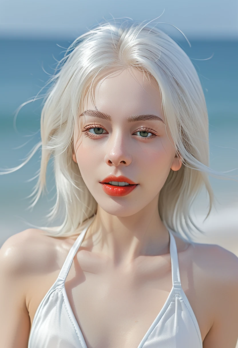 Girl like thin face, thin and small eyes. white hair, has sensual, wink, tongue out, excited, bikini, minimalist part, Simple details, strokes release thick. pale skin, natta.