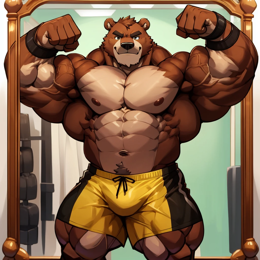 a huge muscular thick bear bodybuilder,shirtless,black gym shorts,wristbands,flexing,posing,mirror,looking at his pumped muscles,correct anatomy,high detailed,8k
