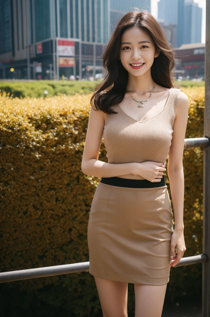 Smile，absurd，Please shut your mouth，Balanced Eyes，（Top Quality Details：1.2），Practical，8K HD，Very detailed，High quality textures，Intricate details，Detailed texture，Finely，High Detail，Highly detailed CG，（Short skirt，black，Long legs，Huge breasts，White long hair），A bustling city，Necklace，Looking at the audience，stand up，（1 face.2）。