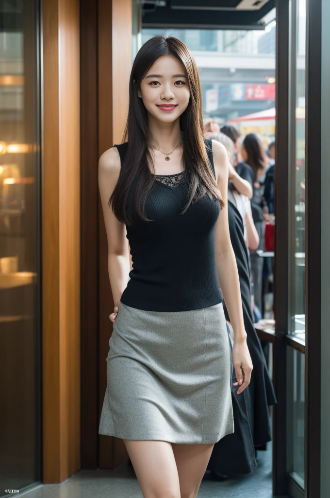 Smile,absurd,Please shut your mouth,Balanced Eyes,(Top Quality Details:1.2),Practical,8K HD,Very detailed,High quality textures,Intricate details,Detailed texture,Finely,High Detail,Highly detailed CG,(Short skirt,black,Long legs,Huge breasts,White long hair),A bustling city,Necklace,Looking at the audience,stand up,(1 face.2)。
