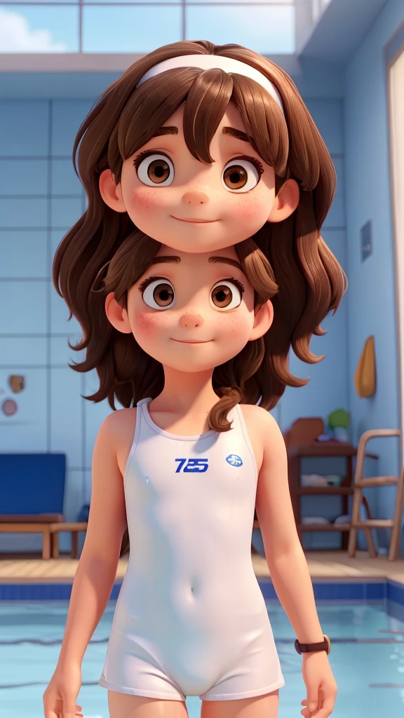 a 10-year-old girl with white swimming goggles and long dark brown hair, has brown eyes, wears a dark blue one-piece school swimsuit swimming lessons