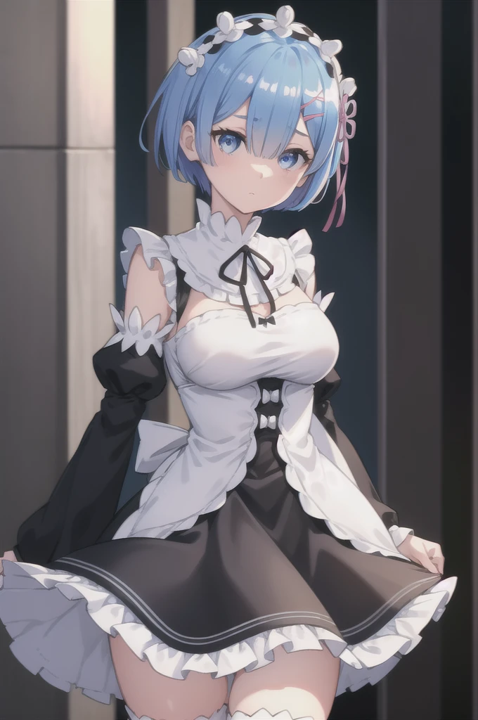 rezeroRem, Rem, blue eyes, Blue Hair, hair ornaments, Hair on one eye, hair ribbon, short hair, x hair ornaments,Big Breasts,Exposed Ribbon, black skirt, Black sleeves, Detachable collar, ,Head wreath,, Maid,, short hair, skirt, Knee socks,Highest quality, High resolution,Chest exposed
